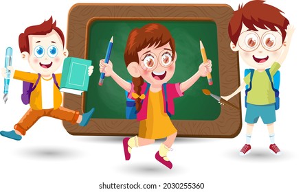 
school students boys and girl with blackboard vector illustration