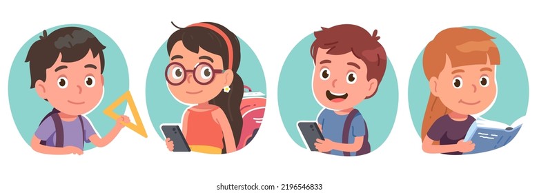 Estudiantes escolares con mochilas, libros, teléfonos móviles. Niños inteligentes, chicas portando teléfonos inteligentes. Escolares, retratos de escolares, educación, estudio conjunto de ilustraciones vectoriales planas