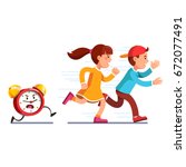 School students children boy, girl running away from angry alarm clock. Kids being late for lesson. Table watch chasing scared pupils. Time to learn concept. Flat vector illustration isolated on white