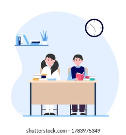 School students in classroom. Teen children sitting at desk and reading books flat vector illustration. Back to school, class, knowledge concept for banner, website design or landing web page