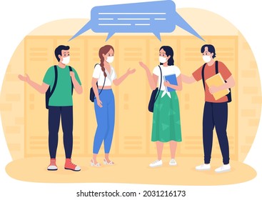 School students in the corridor 2D vector isolated illustration. Pupils chatting at school hallway flat characters on cartoon background. High school friends. Teenagers in face masks colourful scene