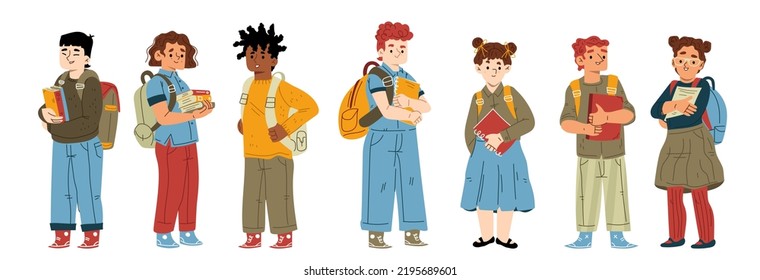 School students, cute children with backpacks and books. Diverse boys and girls, pupils studying together, classmates isolated on white background, vector flat illustration