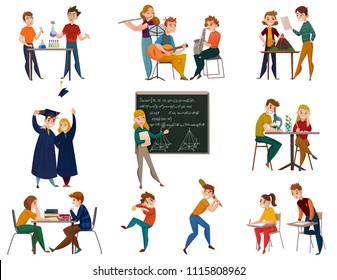 School Students During Chemistry, Geography, Physical Training, Music, Teacher Near Board, Graduates, Cartoon Set Isolated Vector Illustration 