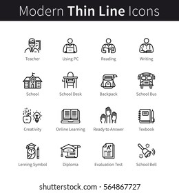 School Students Education Concept. From Primary School To Graduation And Diploma. Modern Thin Line Art Icons. Linear Style Illustrations Isolated On White.