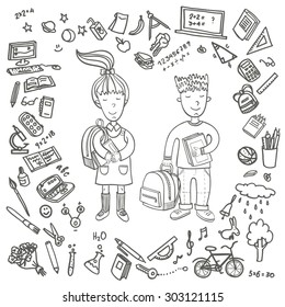 School students in an environment of the subjects connected with study. Black-and-white vector image.Back to School.