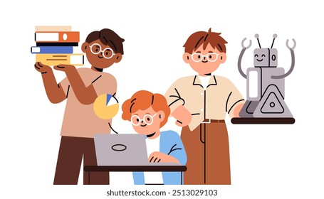 Grupo de estudantes da escola aprendendo tecnologia, robótica e codificação. Crianças, meninos estudando juntos. Educação infantil com computador e livros. Ilustração de vetor plano isolada no plano de fundo branco