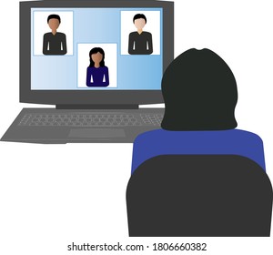 School students and her teacher during online lesson. Applicable for Online education, Homeschooling, distance learning.  Vector illustration.