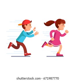 School students kids having fun playing catch-up and tag game. Preschool boy in baseball cap running fast & chasing girl in pink dress. Flat style vector illustration isolated on white background.