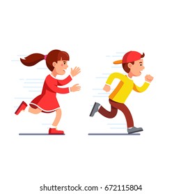 School Students Kids Having Fun Playing Catch-up And Tag Game. Preschool Girl Running Fast & Chasing Boy In Baseball Cap. Flat Style Vector Illustration Isolated On White Background.