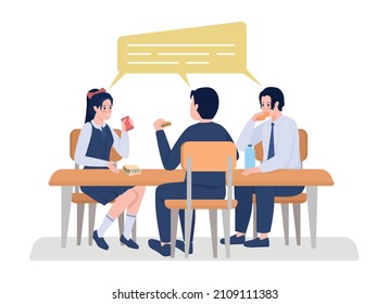 School students on lunch semi flat color vector characters. Interacting figures. Full body people on white. Break isolated modern cartoon style illustration for graphic design and animation