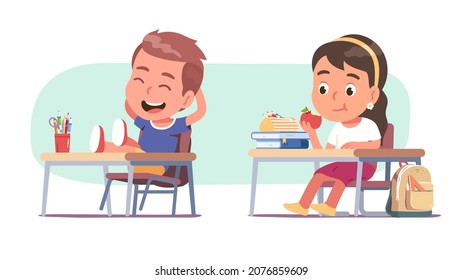 School students on recess break sitting in class behind school desks. Kids relaxing after lesson. Happy boy sitting with feet on desk, girl eating apple. Flat vector children character illustration