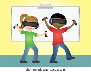 School students playing virtual reality game with glasses and hand controllers