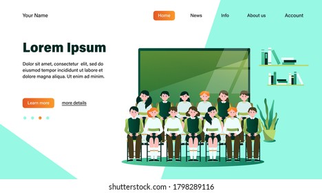 School students posing for class photo in classroom. Teen boys and girls in uniforms sitting in rows near blackboard. Vector illustration for memory, classmates, education concept