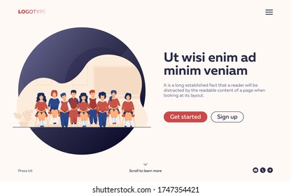 School students posing for class portrait in classroom. Teen girls and boys wearing uniform, sitting on chairs in rows and smiling. Vector illustration for photo, classmates, education concept