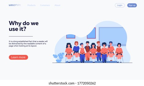 School students posing for class portrait in classroom. Teen girls and boys wearing uniform, sitting on chairs in rows and smiling. Vector illustration for photo, classmates, education concept
