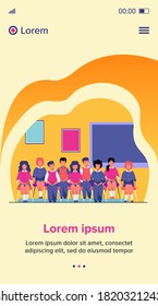 School students posing for class portrait in classroom. Teen girls and boys wearing uniform, sitting on chairs in rows and smiling. Vector illustration for photo, classmates, education concept