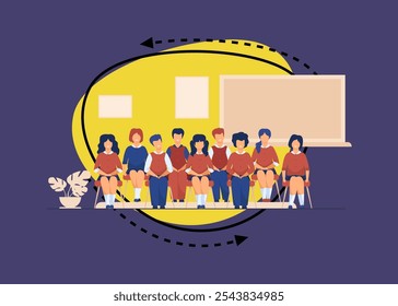 School students posing for class portrait in classroom. Teen girls and boys wearing uniform, sitting on chairs in rows and smiling. Vector illustration for photo, classmates, education concept