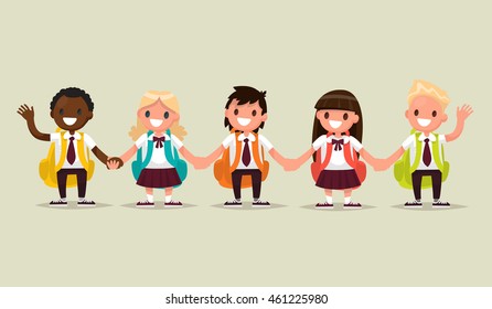 School students. Schoolboys and schoolgirls of different nationalities holding hands. Vector illustration of a flat design