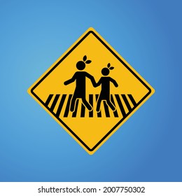 School students and small children pedestrian cross walk sign. Isolated vector over sky blue background. Safety and warning educational road symbols.