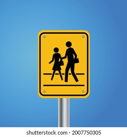 School students and small children pedestrian cross walk sign. Isolated vector over sky blue background. Safety and warning educational road symbols.