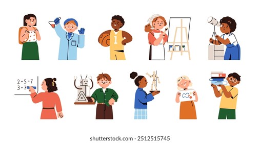 Estudantes de escola estudando matérias diferentes. Crianças aprendendo ciência, arte, esportes, matemática, robótica. Crianças, alunos do ensino fundamental, crianças em idade escolar. Ilustração de vetor plano isolada no plano de fundo branco