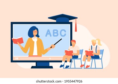 School students studying in a online classroom. Boy and girl online learning from teacher on computer. Flat style illustration.
