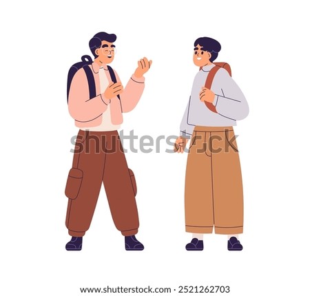 School students talking. Happy boys chatting. Children classmates, pupils speaking. Smiling kids friends conversation, communication, dialog. Flat vector illustration isolated on white background