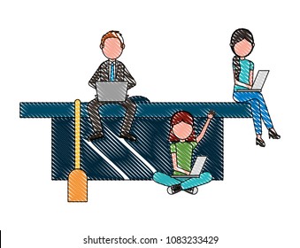 school students and teacher sit on big graduation hat