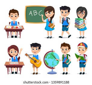 School students vector characters set. Young happy kids cartoon characters doing educational activities wearing school uniform isolated in white. Vector illustration.
