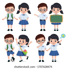 School students vector characters set. Back to school classmates elementary student characters in education activities like presenting and playing. Vector illustration.