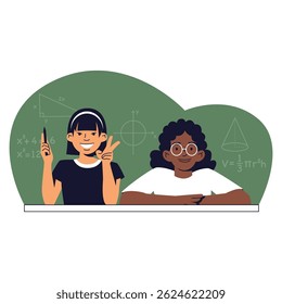 School students vector illustration. Flat image of two characters - two girls sitting in front of chalkboard with mathematics formulas. Education, friendship concept.