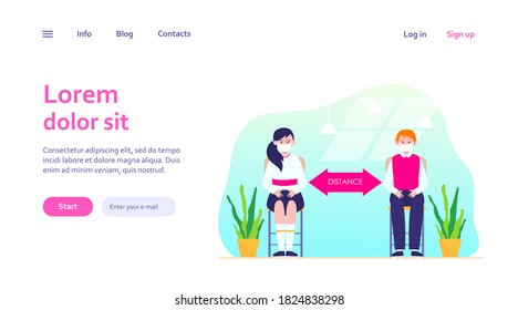 School students wearing masks. Teen children sitting at desk, keeping distance flat vector illustration. New rules, coronavirus concept for banner, website design or landing web page