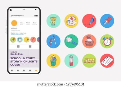 School and study doodle icon set for social media Highlight Stores Cover with fill color style. hand drawn vector illustration