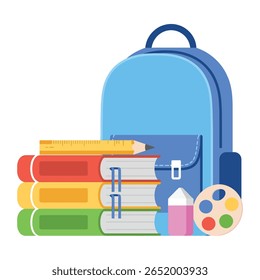 School Study Elements with Backpack and Art Supplies Isolated on White

