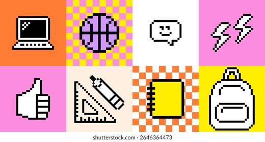 Escola estudo padrão geométrico em pixel art. Y2k grade design com 8 bits retro estilo de jogo educação escola suprimentos ícone, lápis, bola, notebook, laptop, mochila, polegares para cima. Fundo de mosaico abstrato