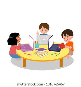School study group activity. Elementary children doing  research together for home work together with laptop and books.  Boy and Girl having discussion. Flat vector isolated on white background.