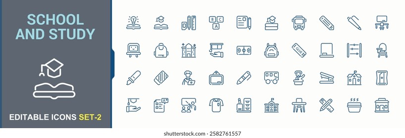 School and Study icons set. Includes icons for bus, library, school, science, class, business, calculator. Perfect for logos and infographics. Vector illustration in modern line style.