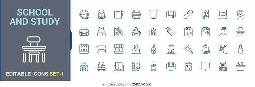 School and Study icons set. Includes icons for bus, library, school, science, class, business, calculator. Perfect for logos and infographics. Vector illustration in modern line style.
