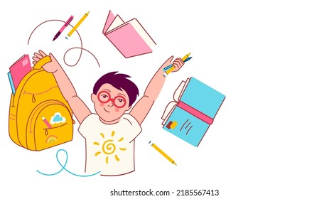 School study illustration with happy emotions, fun schoolboy in glasses, cheerful kid, bag, backpack, textbook, pen isolated over white color background.Back to school vector concept with copy space.
