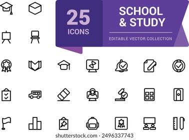 School and Study line icons collection. Web and UI icon set in a flat design. Thin outline icons pack. Vector illustration.