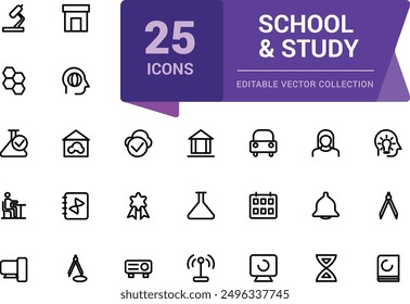 Schule und Studie Linie Icons Sammlung. Web- und UI-Symbol in einem flachen Design. Paket mit dünnen Gliederungssymbolen. Vektorgrafik.
