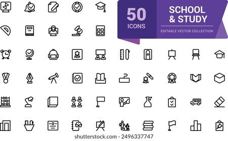 School and Study line icons collection. Web and UI icon set in a flat design. Thin outline icons pack. Vector illustration.