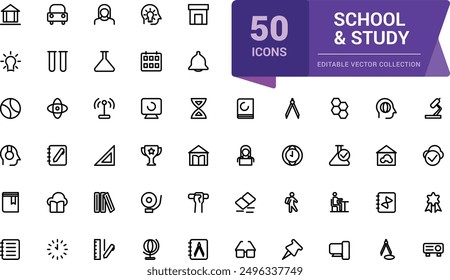 School and Study line icons collection. Web and UI icon set in a flat design. Thin outline icons pack. Vector illustration.