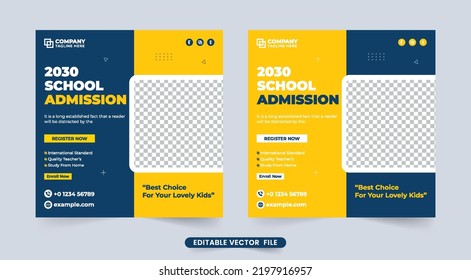 School study purpose and admission social media post design with purple and yellow colors. Back-to-school promotion banner and social media template. Educational template vector for registration.