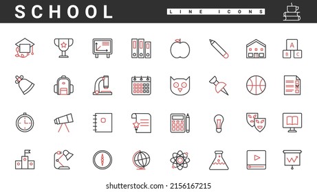 School study thin red and black line icons set vector illustration. Abstract wisdom and knowledge symbols for students and graduates, books and objects for geography, physics and chemistry lessons