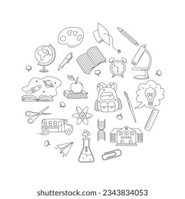 School, studying and education collection of elements. Set of school supplies and stationary. Line vector illustration. 