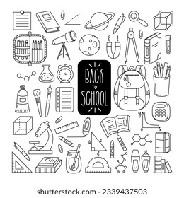 Conjunto de materiales didácticos y de estudio de escuelas. Cute Cartoon Design Elements Editable Stroke. Tema De La Escuela De Iconos De Línea.