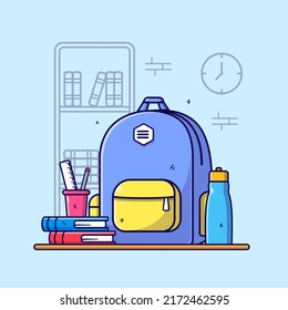 material escolar paquete de bolsos conjunto de botellas estacionarias estudio educación ilustración aislada icono vectorial de dibujos animados