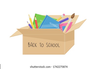 School stuff in cardboard box. Back to school concept. Vector cartoon illustration with education equipment, notebooks, brush, ruler, pencils and pen. Donation box with stationery items