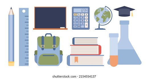 Juego de iconos de material escolar. De vuelta a la escuela. Equipo para profesores y niños. Pizarra, libro, bolsa, cuaderno, pensil, regla, globo, calculadora, frascos químicos. Ilustración plana del vector 